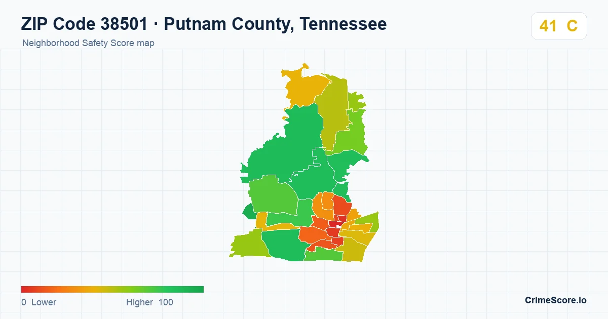 ZIP Code 38501 in Putnam County, Tennessee neighborhood Safety Score map