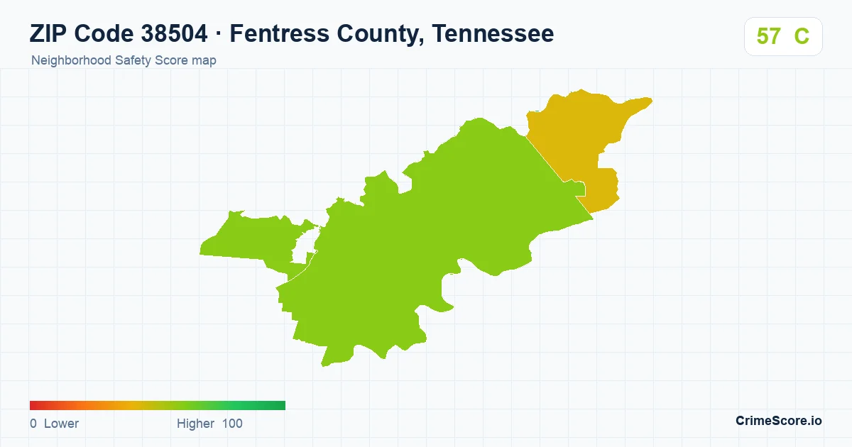 ZIP Code 38504 in Fentress County, Tennessee neighborhood Safety Score map