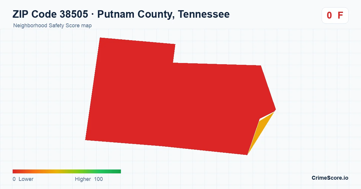 ZIP Code 38505 in Putnam County, Tennessee neighborhood Safety Score map
