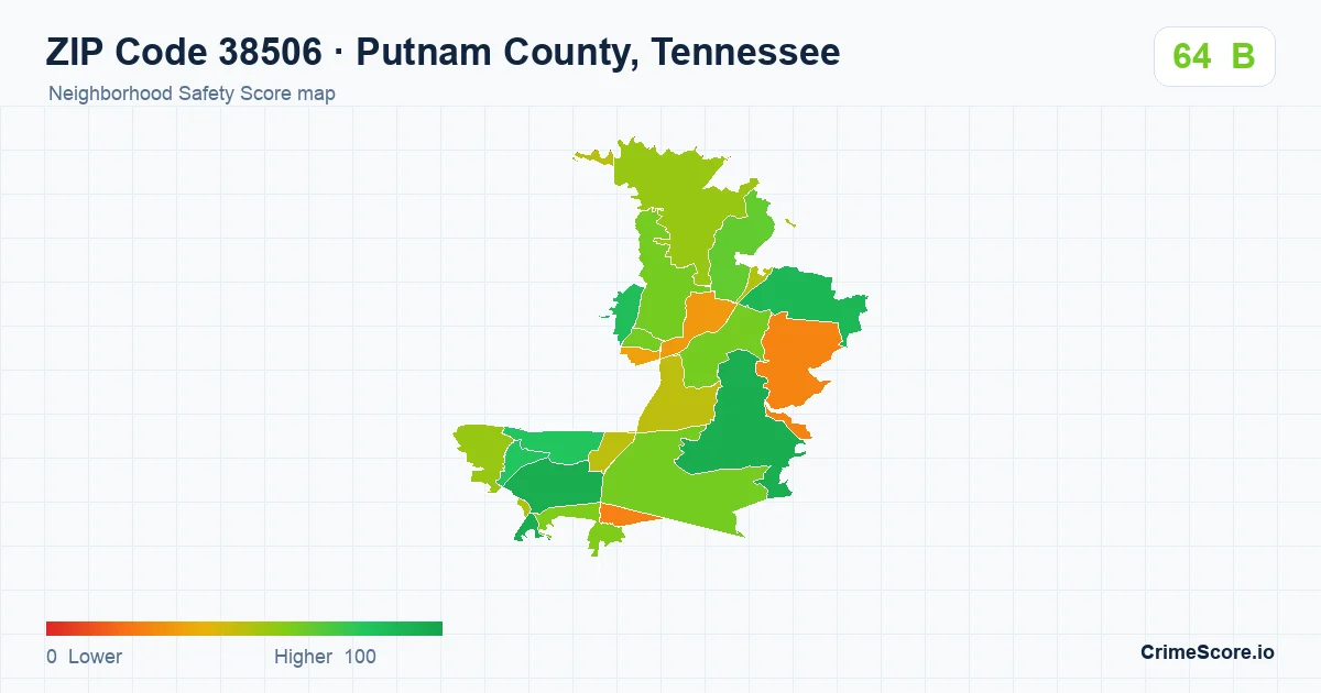 ZIP Code 38506 in Putnam County, Tennessee neighborhood Safety Score map