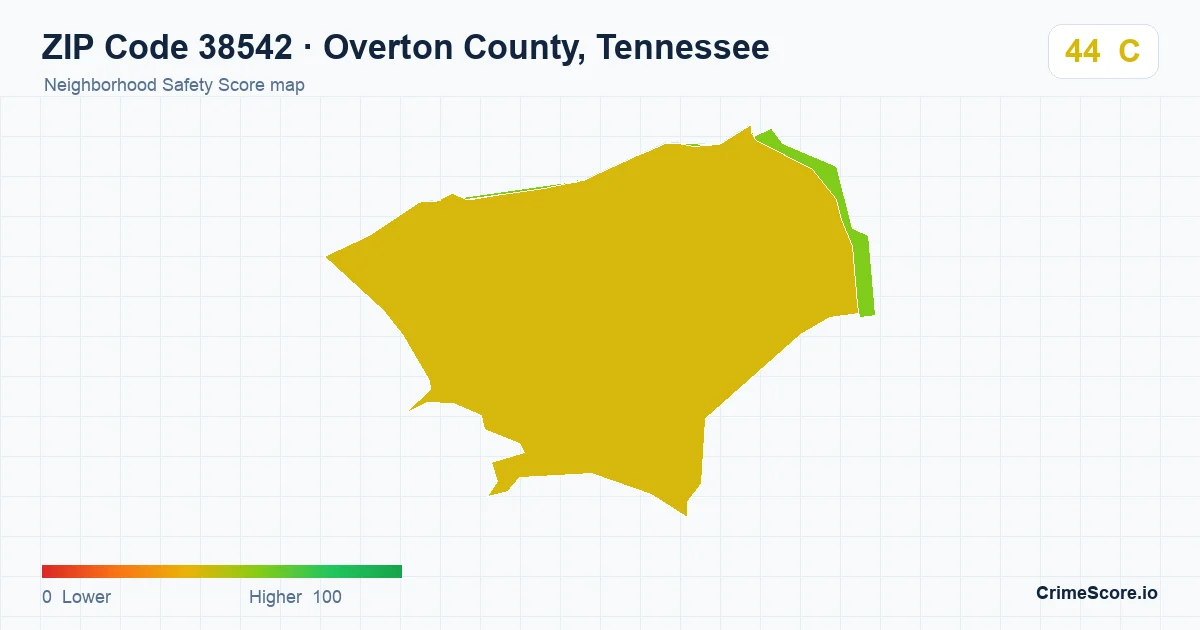 ZIP Code 38542 in Overton County, Tennessee neighborhood Safety Score map