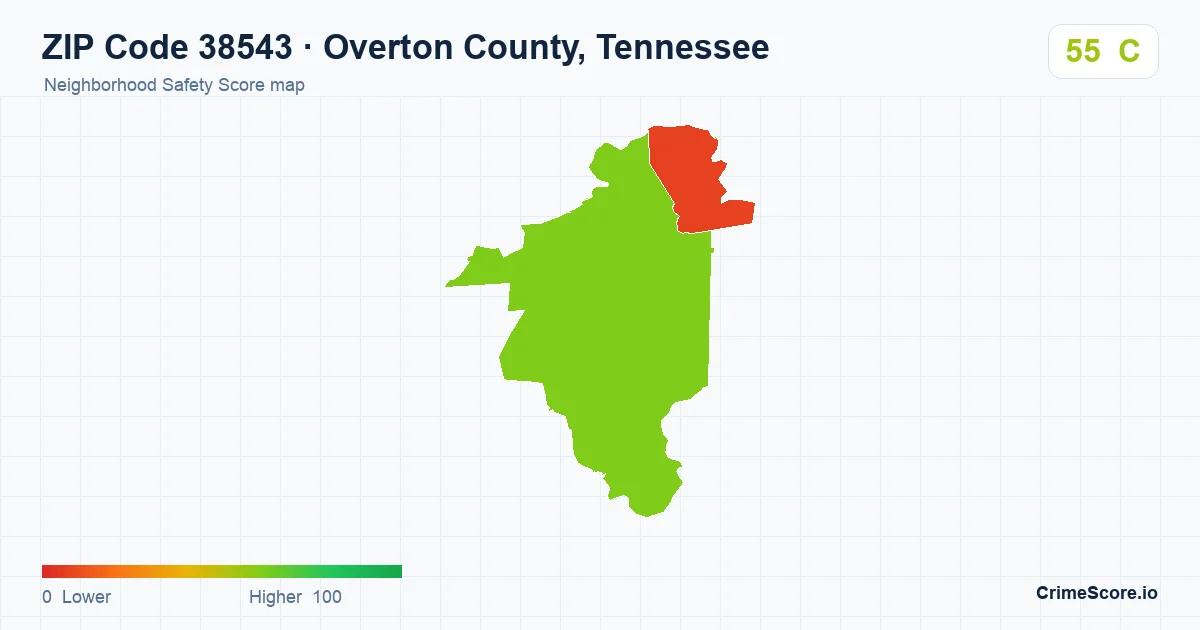 ZIP Code 38543 in Overton County, Tennessee neighborhood Safety Score map