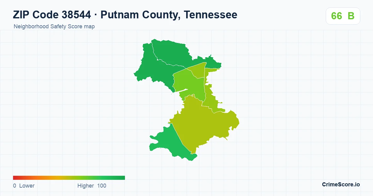 ZIP Code 38544 in Putnam County, Tennessee neighborhood Safety Score map