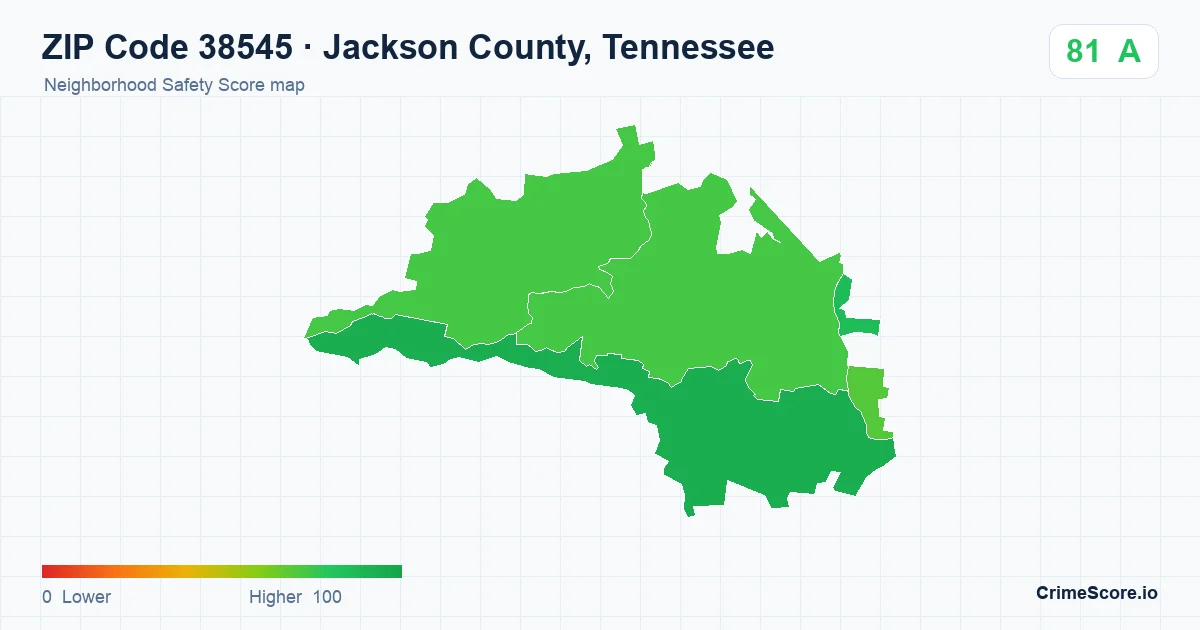 ZIP Code 38545 in Jackson County, Tennessee neighborhood Safety Score map