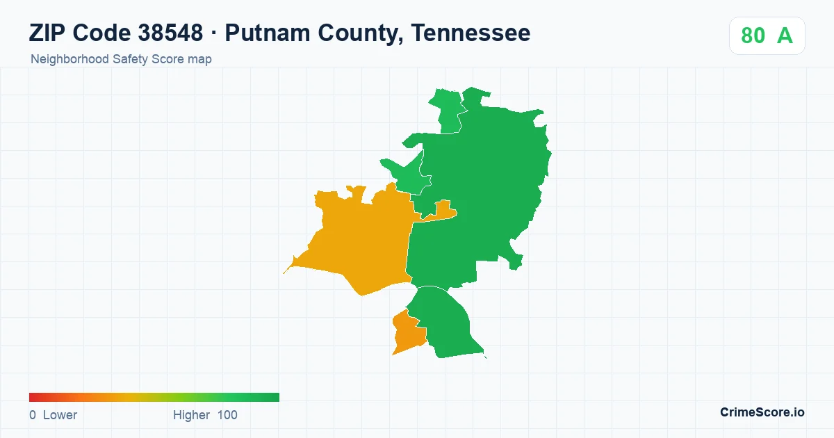 ZIP Code 38548 in Putnam County, Tennessee neighborhood Safety Score map