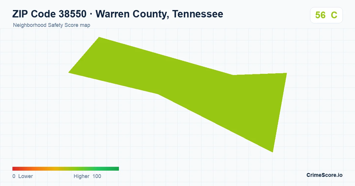 ZIP Code 38550 in Warren County, Tennessee neighborhood Safety Score map