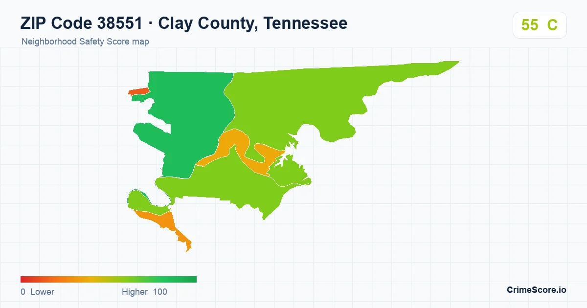 ZIP Code 38551 in Clay County, Tennessee neighborhood Safety Score map