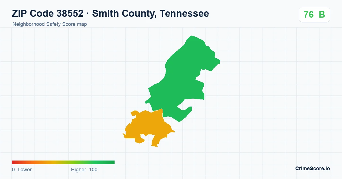 ZIP Code 38552 in Smith County, Tennessee neighborhood Safety Score map