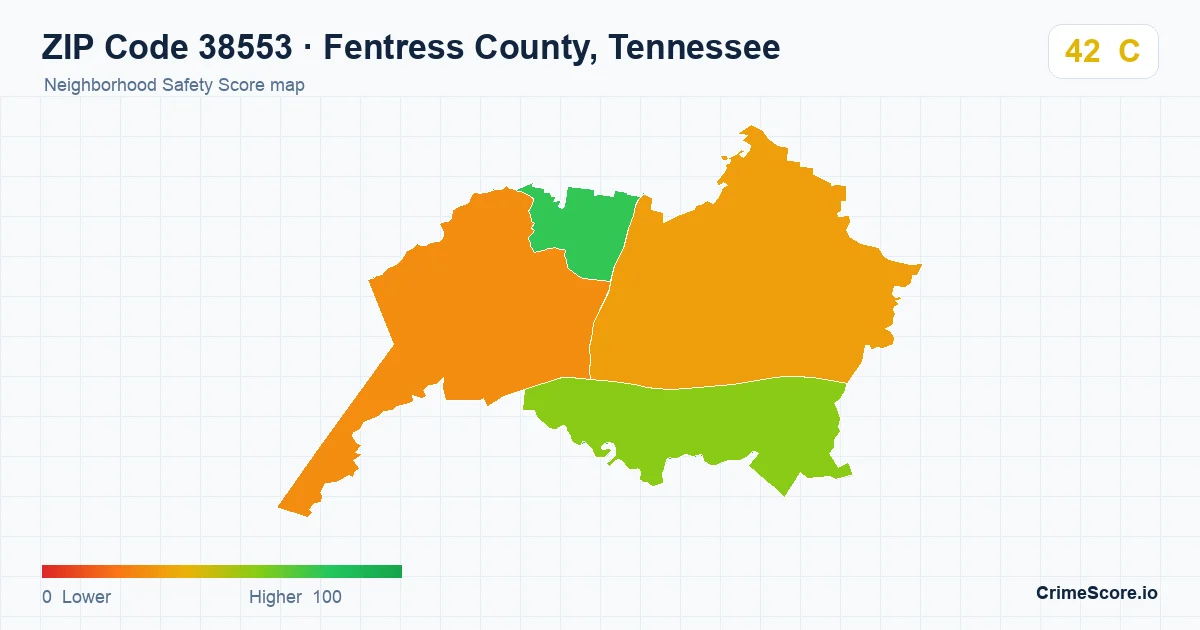 ZIP Code 38553 in Fentress County, Tennessee neighborhood Safety Score map