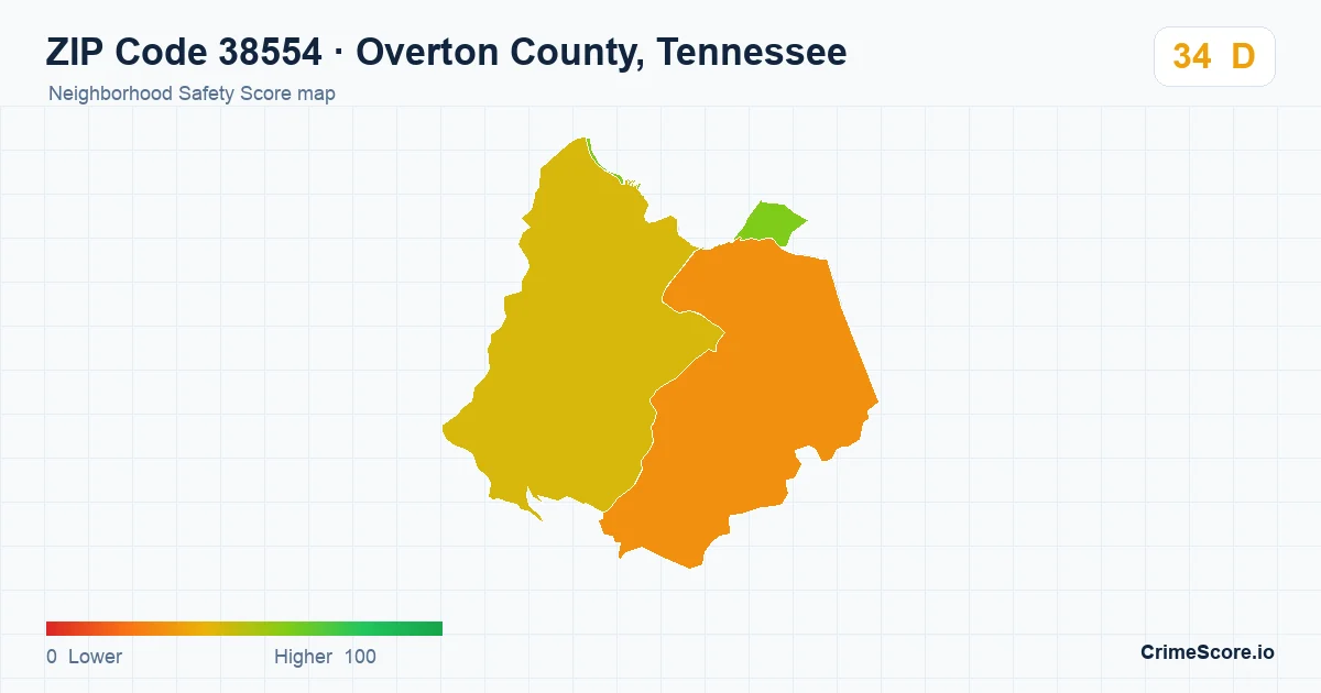 ZIP Code 38554 in Overton County, Tennessee neighborhood Safety Score map