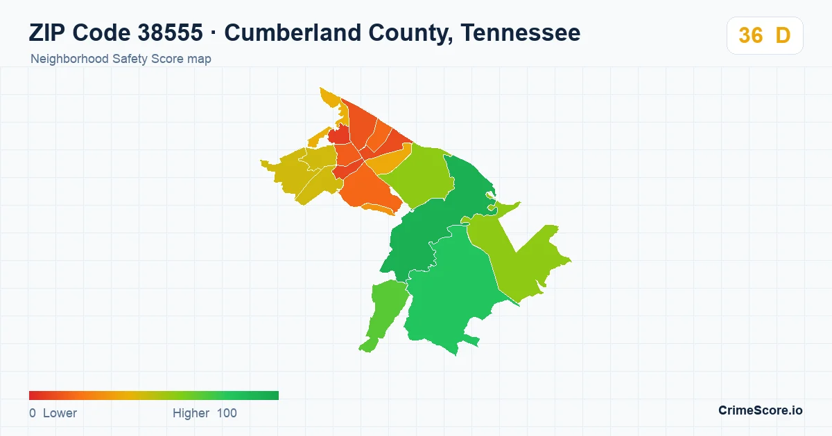 ZIP Code 38555 in Cumberland County, Tennessee neighborhood Safety Score map