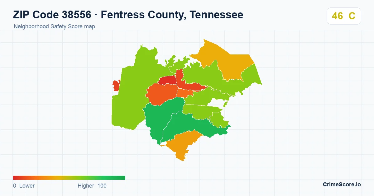 ZIP Code 38556 in Fentress County, Tennessee neighborhood Safety Score map