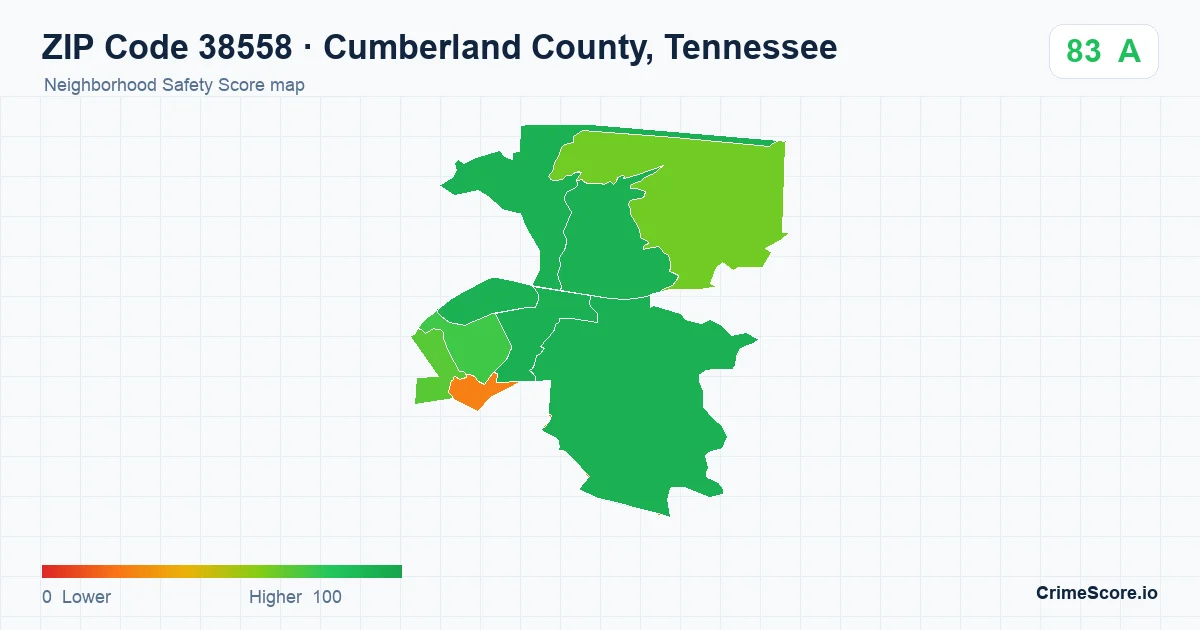 ZIP Code 38558 in Cumberland County, Tennessee neighborhood Safety Score map