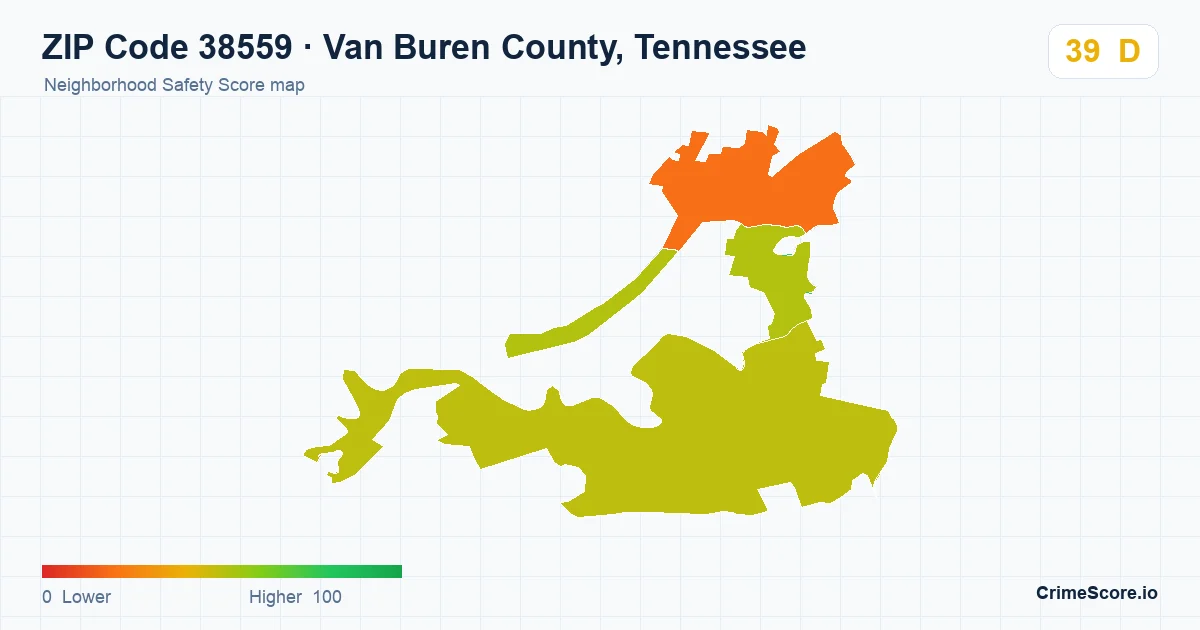 ZIP Code 38559 in Van Buren County, Tennessee neighborhood Safety Score map