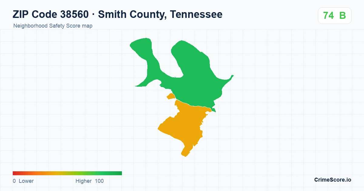 ZIP Code 38560 in Smith County, Tennessee neighborhood Safety Score map