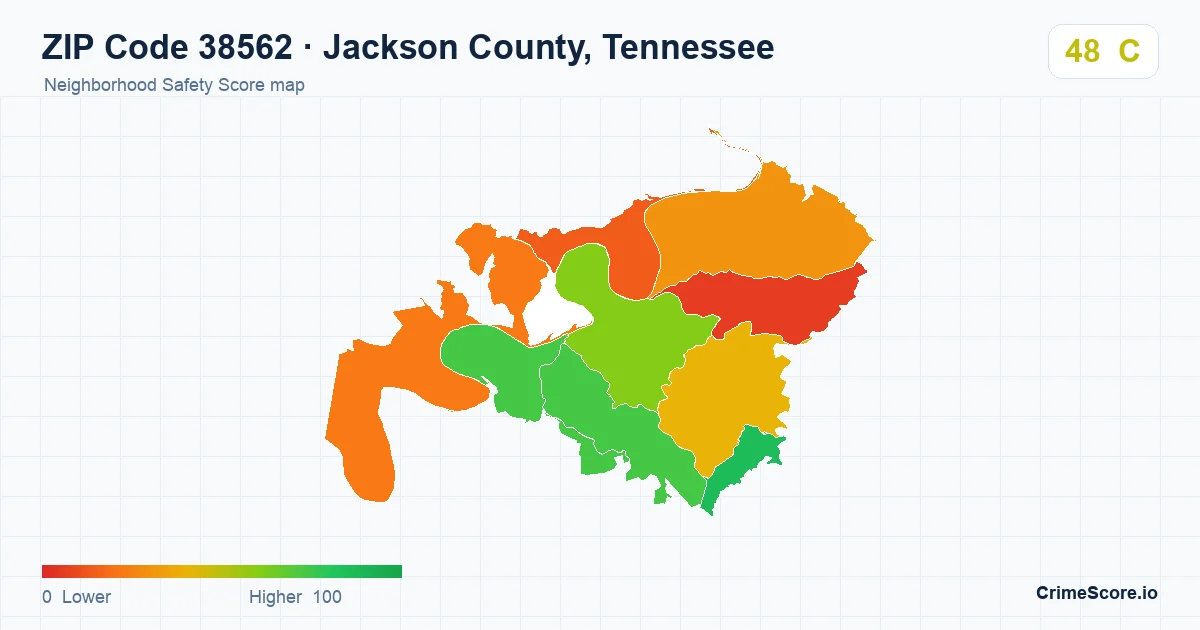 ZIP Code 38562 in Jackson County, Tennessee neighborhood Safety Score map