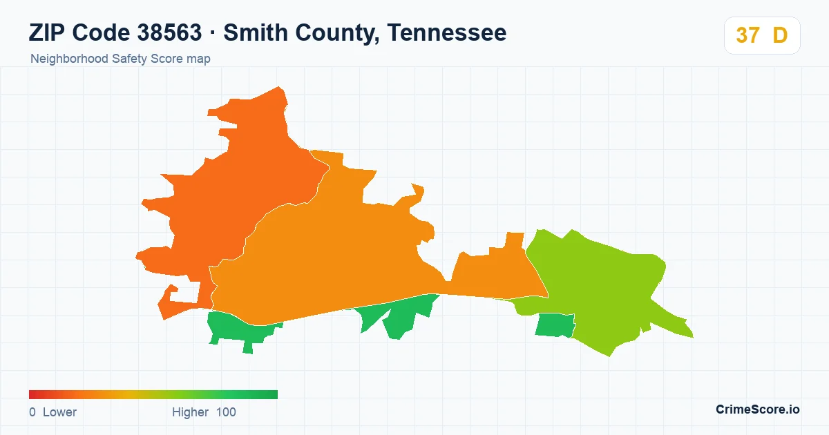 ZIP Code 38563 in Smith County, Tennessee neighborhood Safety Score map