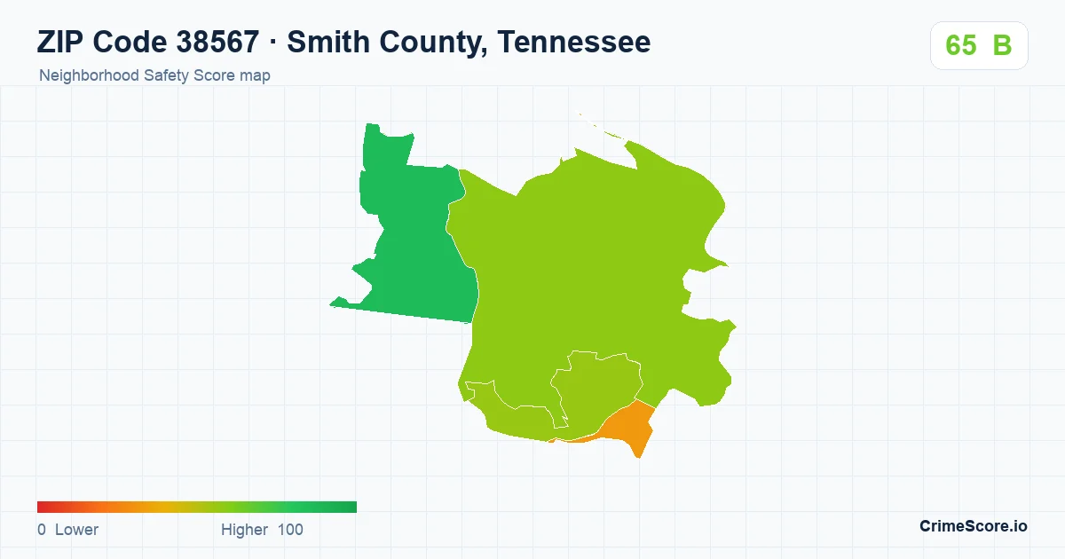 ZIP Code 38567 in Smith County, Tennessee neighborhood Safety Score map