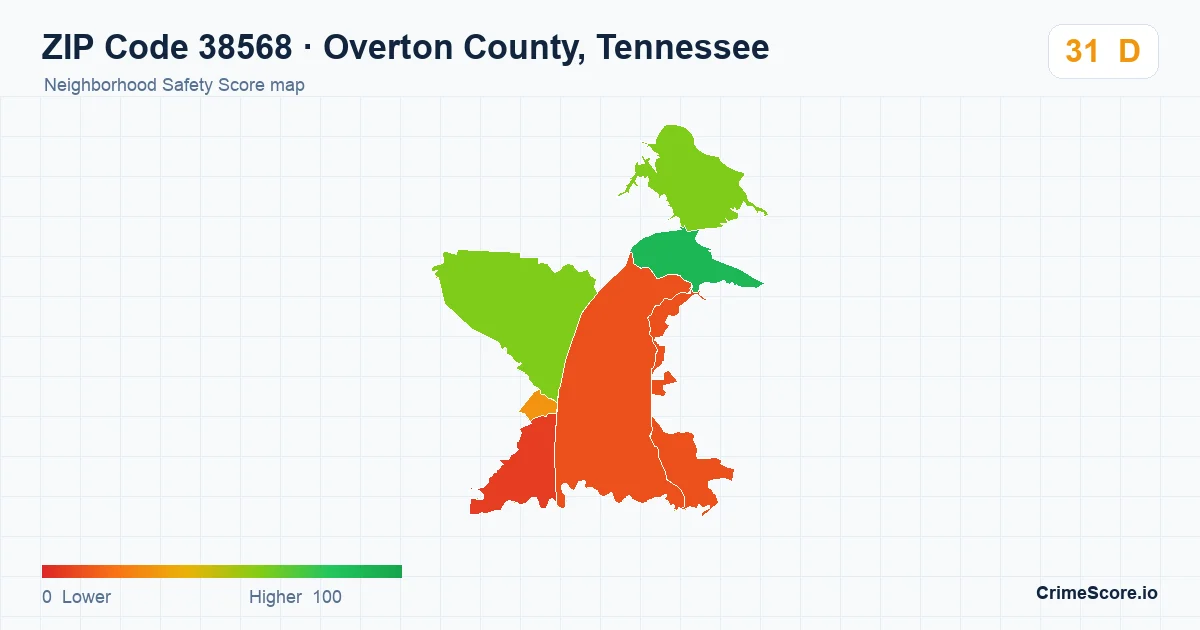 ZIP Code 38568 in Overton County, Tennessee neighborhood Safety Score map