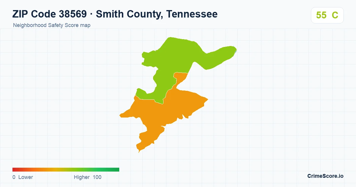 ZIP Code 38569 in Smith County, Tennessee neighborhood Safety Score map