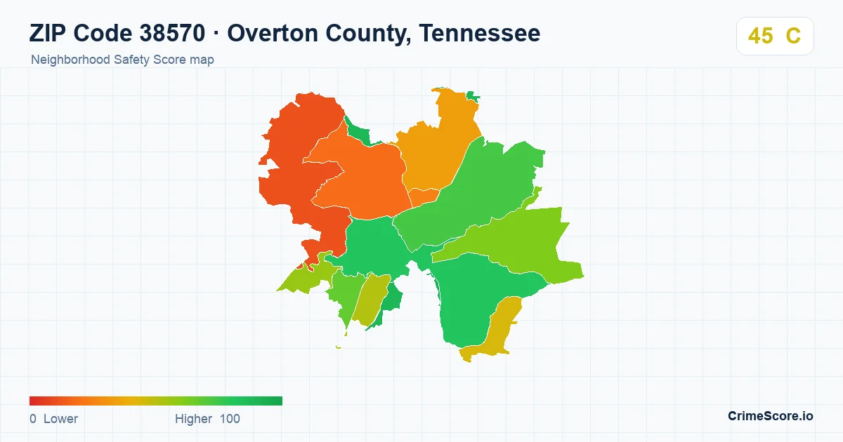 ZIP Code 38570 in Overton County, Tennessee neighborhood Safety Score map