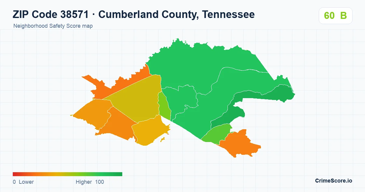 ZIP Code 38571 in Cumberland County, Tennessee neighborhood Safety Score map