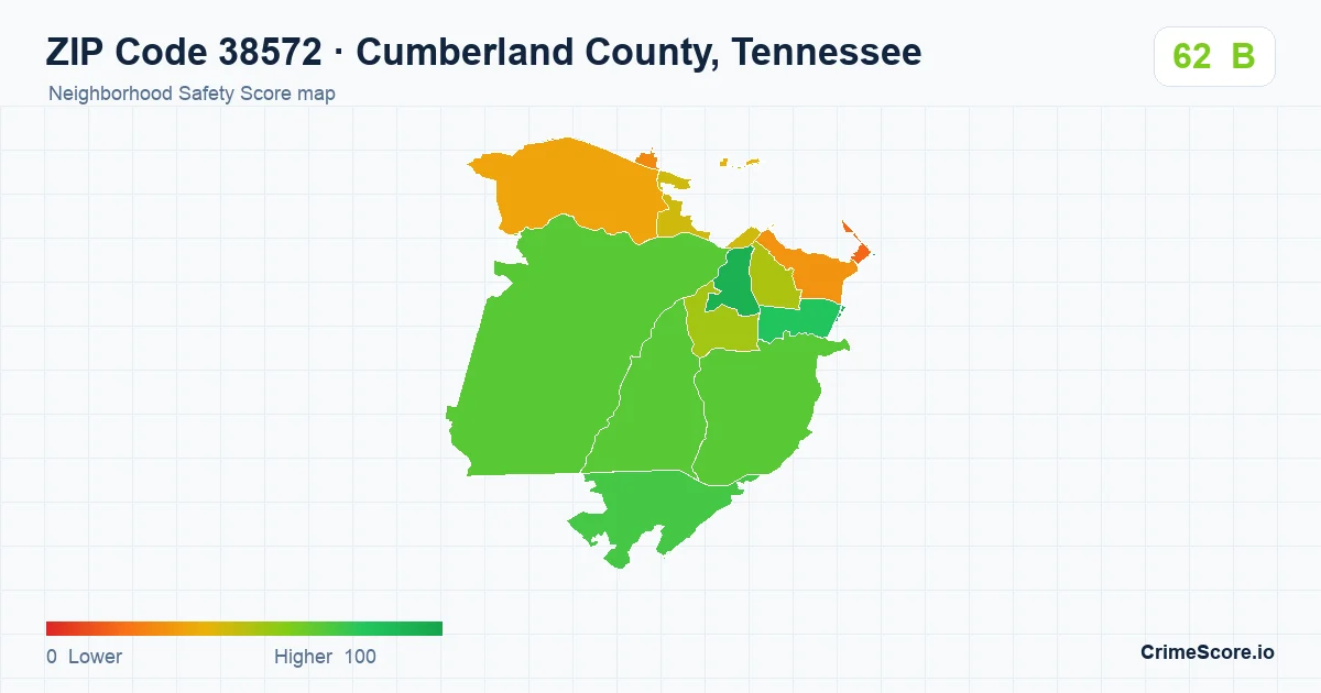 ZIP Code 38572 in Cumberland County, Tennessee neighborhood Safety Score map