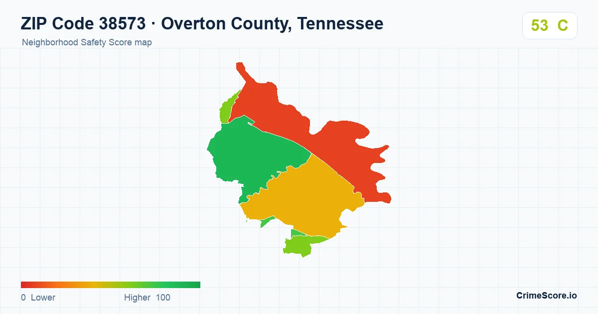 ZIP Code 38573 in Overton County, Tennessee neighborhood Safety Score map