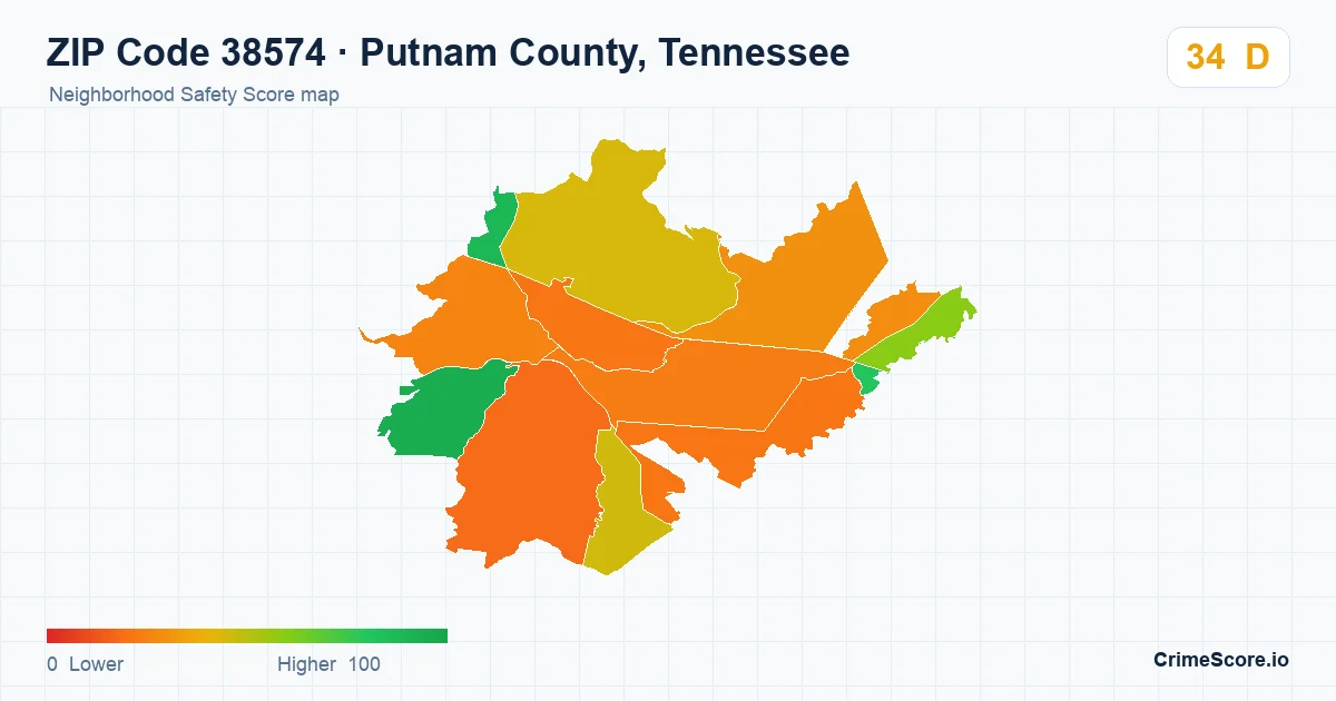 ZIP Code 38574 in Putnam County, Tennessee neighborhood Safety Score map