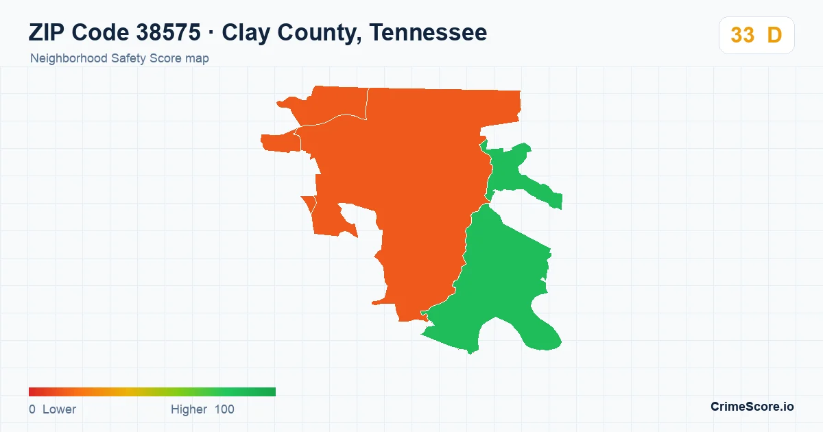 ZIP Code 38575 in Clay County, Tennessee neighborhood Safety Score map