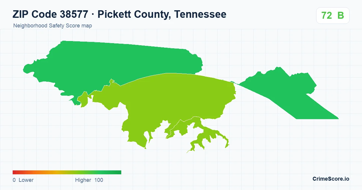 ZIP Code 38577 in Pickett County, Tennessee neighborhood Safety Score map