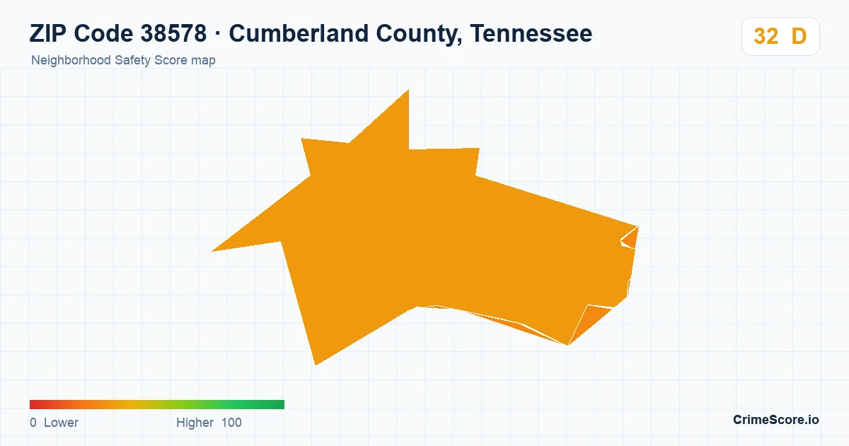 ZIP Code 38578 in Cumberland County, Tennessee neighborhood Safety Score map