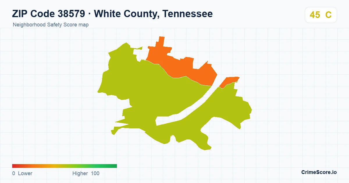 ZIP Code 38579 in White County, Tennessee neighborhood Safety Score map