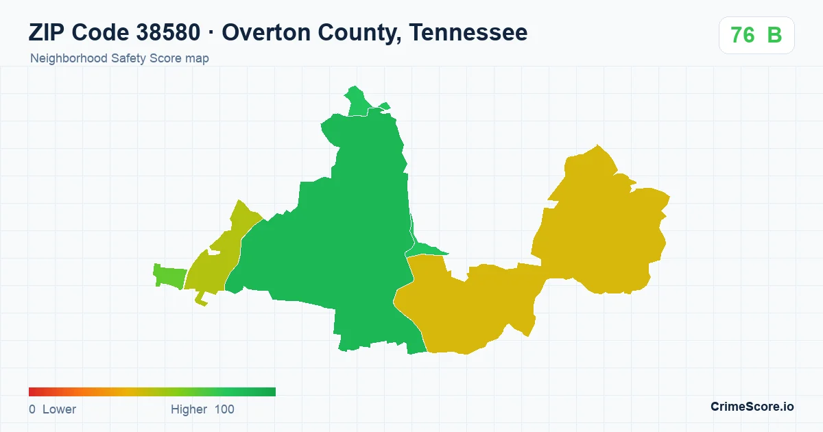 ZIP Code 38580 in Overton County, Tennessee neighborhood Safety Score map