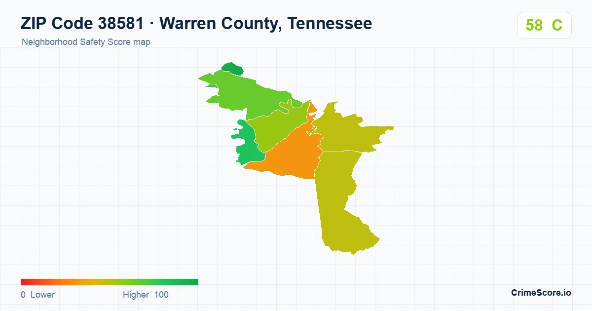 ZIP Code 38581 in Warren County, Tennessee neighborhood Safety Score map