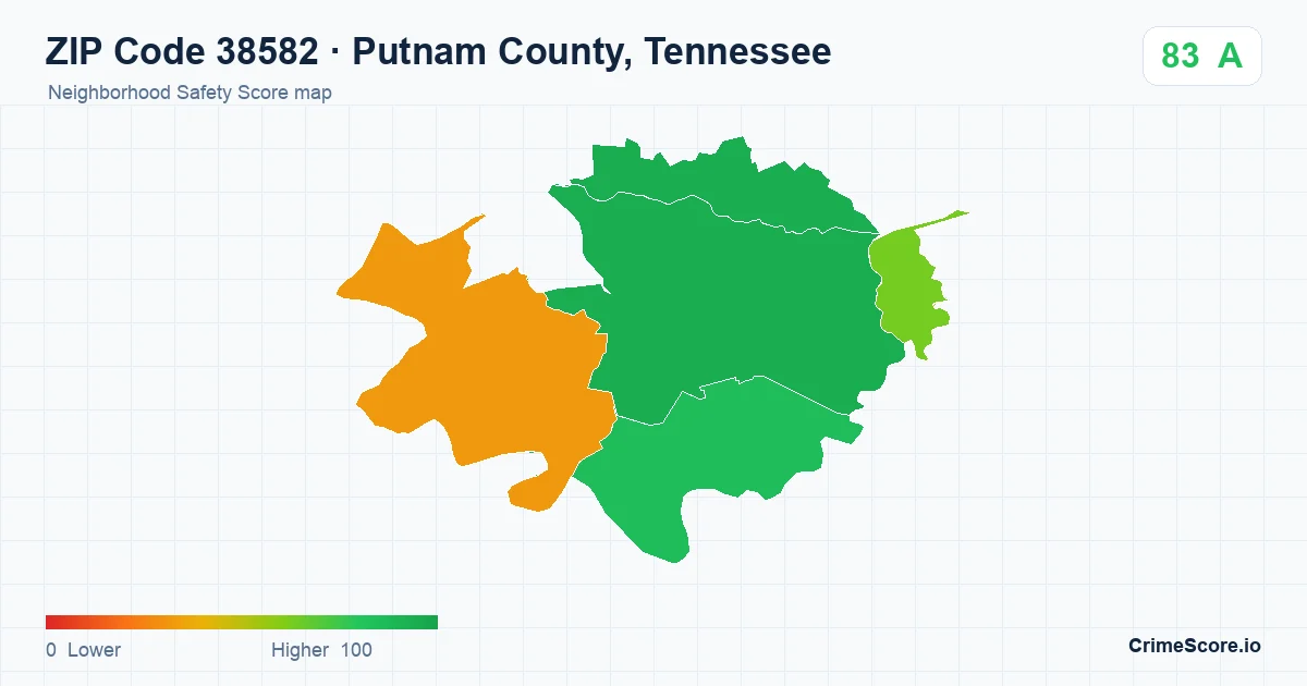 ZIP Code 38582 in Putnam County, Tennessee neighborhood Safety Score map