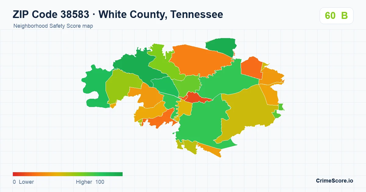 ZIP Code 38583 in White County, Tennessee neighborhood Safety Score map