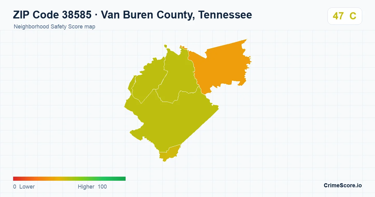 ZIP Code 38585 in Van Buren County, Tennessee neighborhood Safety Score map