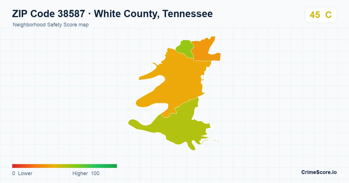 ZIP Code 38587 in White County, Tennessee neighborhood Safety Score map