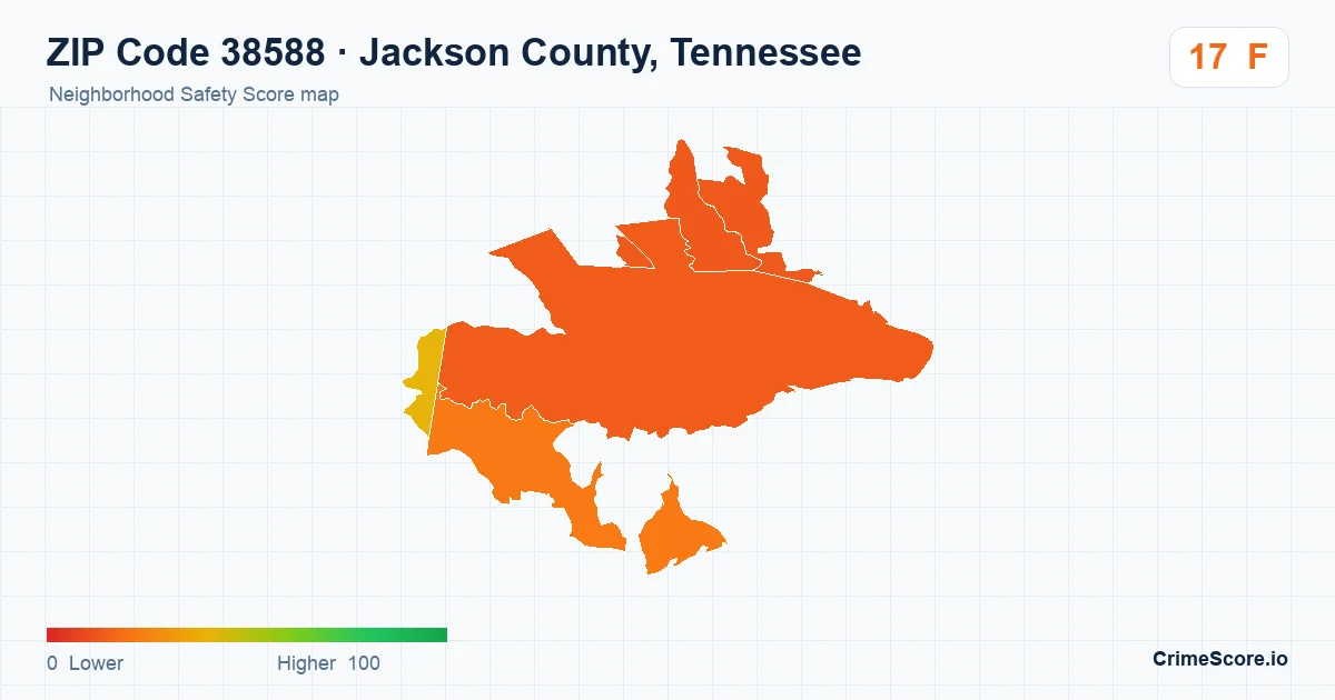 ZIP Code 38588 in Jackson County, Tennessee neighborhood Safety Score map