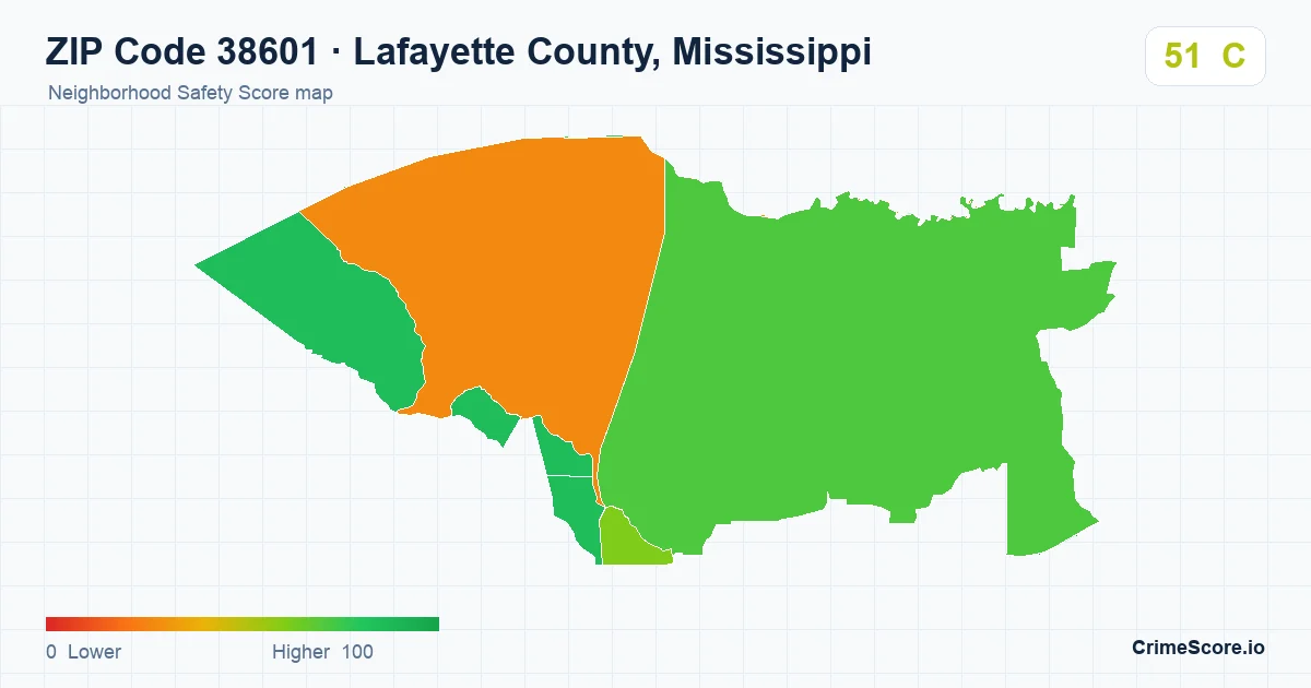ZIP Code 38601 in Lafayette County, Mississippi neighborhood Safety Score map