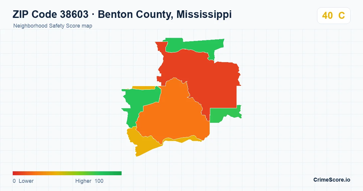 ZIP Code 38603 in Benton County, Mississippi neighborhood Safety Score map
