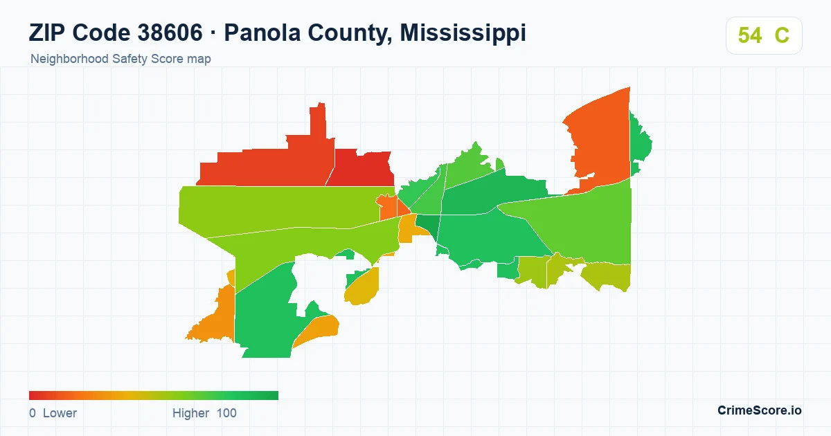 ZIP Code 38606 in Panola County, Mississippi neighborhood Safety Score map