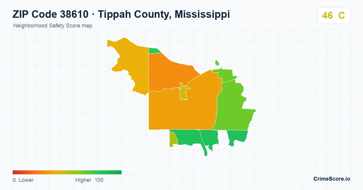 ZIP Code 38610 in Tippah County, Mississippi neighborhood Safety Score map