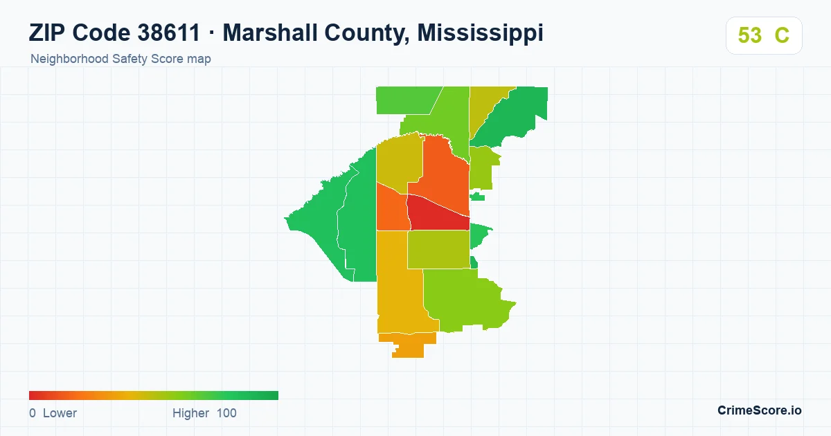 ZIP Code 38611 in Marshall County, Mississippi neighborhood Safety Score map