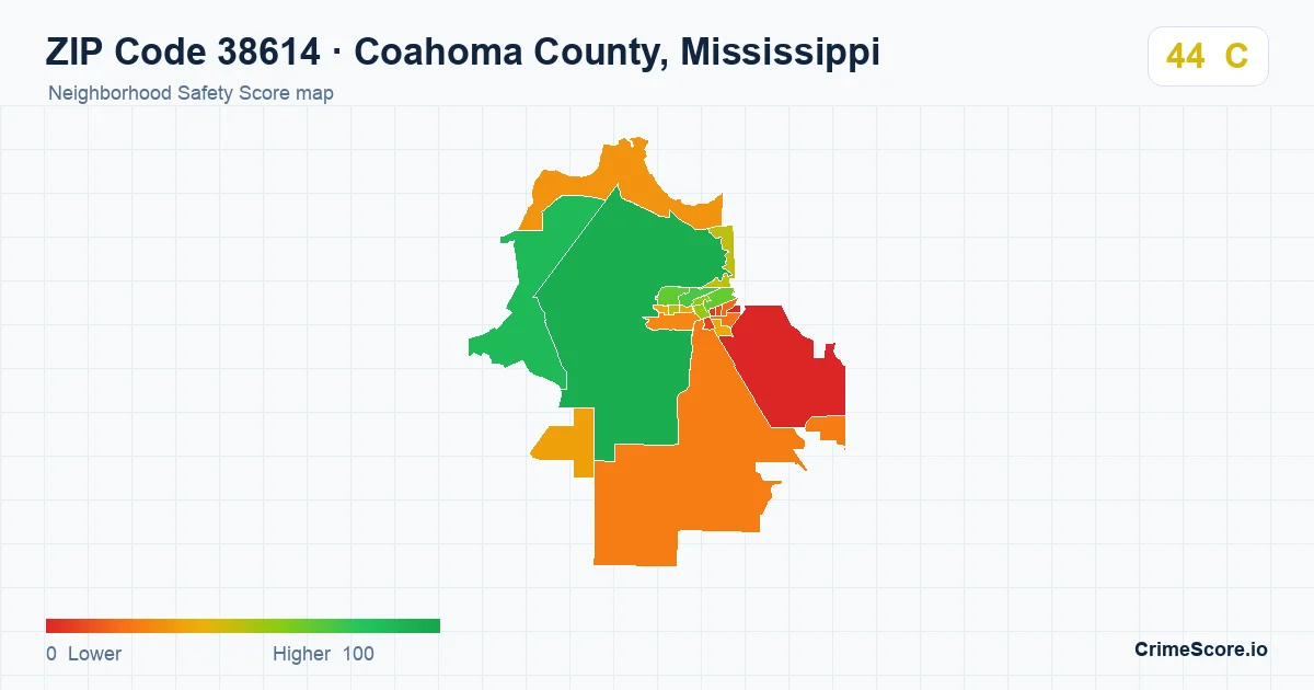 ZIP Code 38614 in Coahoma County, Mississippi neighborhood Safety Score map
