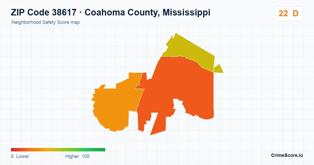 ZIP Code 38617 in Coahoma County, Mississippi neighborhood Safety Score map