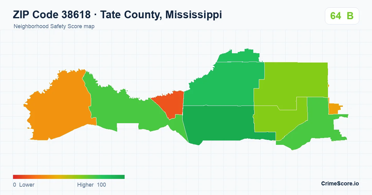 ZIP Code 38618 in Tate County, Mississippi neighborhood Safety Score map