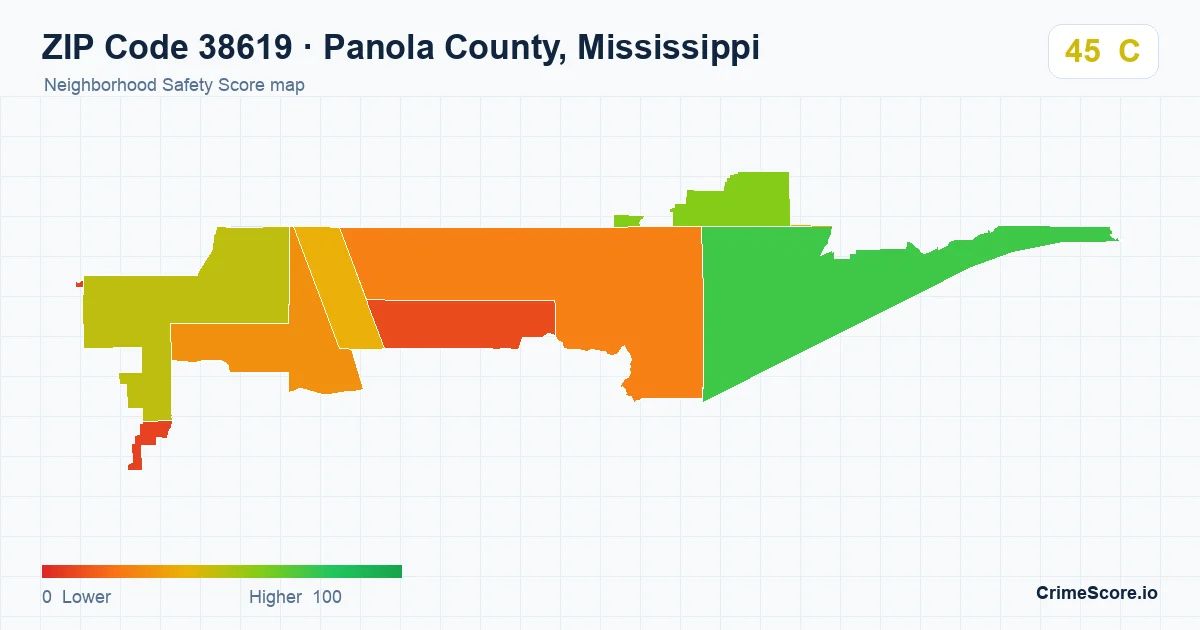 ZIP Code 38619 in Panola County, Mississippi neighborhood Safety Score map