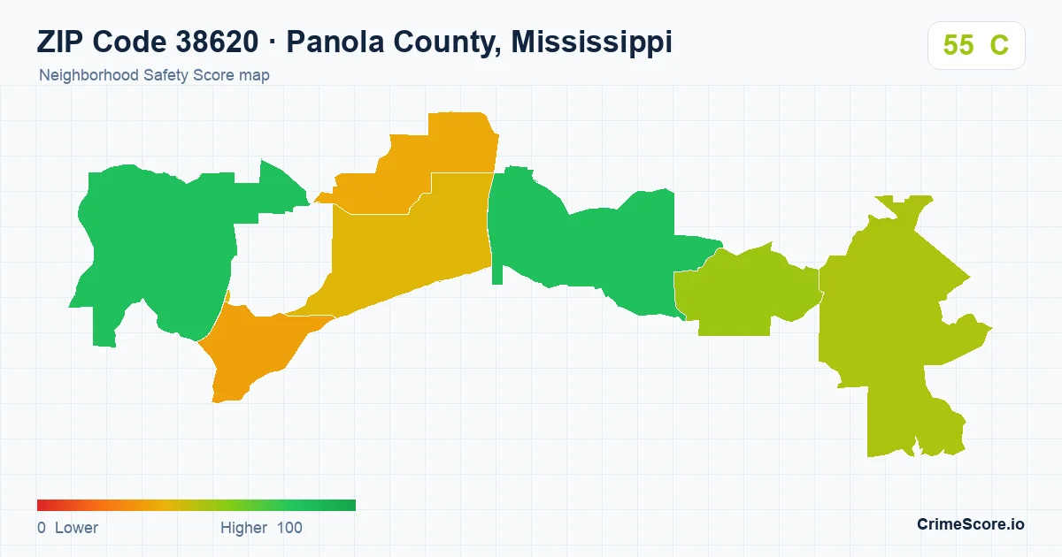 ZIP Code 38620 in Panola County, Mississippi neighborhood Safety Score map